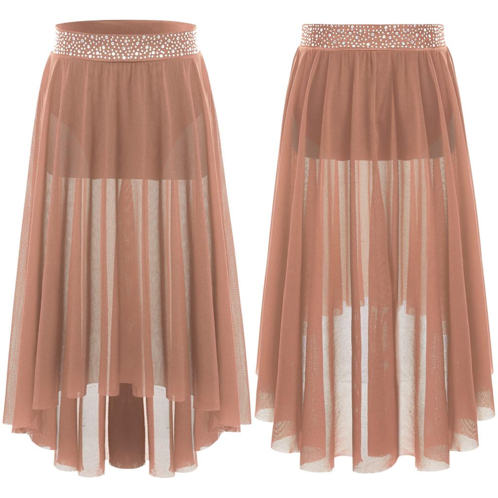 Girls Lyrical Contemporary Modern Dance Skirts Shiny Rhinestones Waistband Side Slit High Low Irregular Mesh Skirt Performance Costume