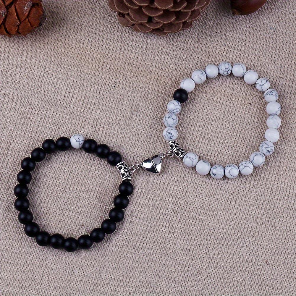 Matte Black & Turquoise Heart-Shaped Magnetic Couple Bracelets Set
