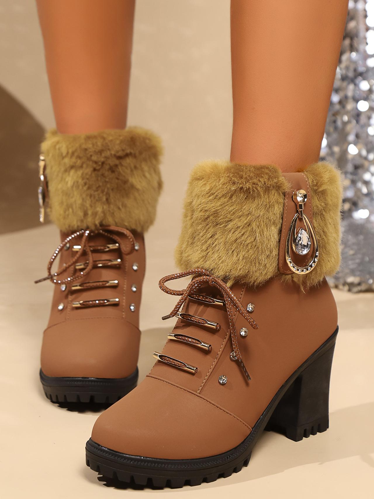 

35-42 Spot 2024 autumn and winter new thick heel short tube women s retro versatile lace-up fashion boots 35 коричневый