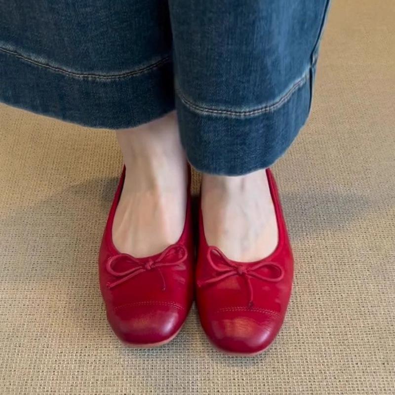 Sheepskin Retro Red Bow Ballet Flats - Women's Low-Cut Slip-On Square Toe Shoes