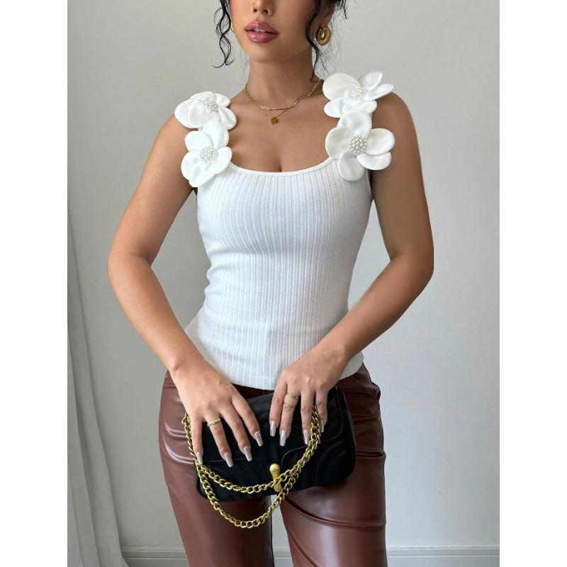 

Модная летняя повседневная вязаная майка без рукавов с цветочным узором, элегантная однотонная повседневная облегающая однотонная простая блузка, жилеты, женская милая одежда S белый