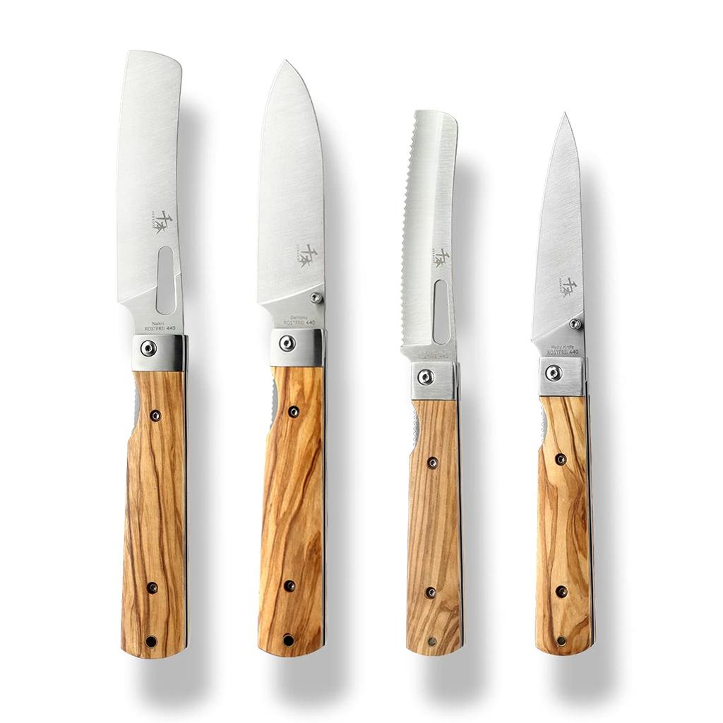 SENBON 440A Steel Folding Outdoor Camping Olive Wood Camping BBQ Set Knife, Portable, Knife, Knife, Handle, Travel, Petit, 4-Piece