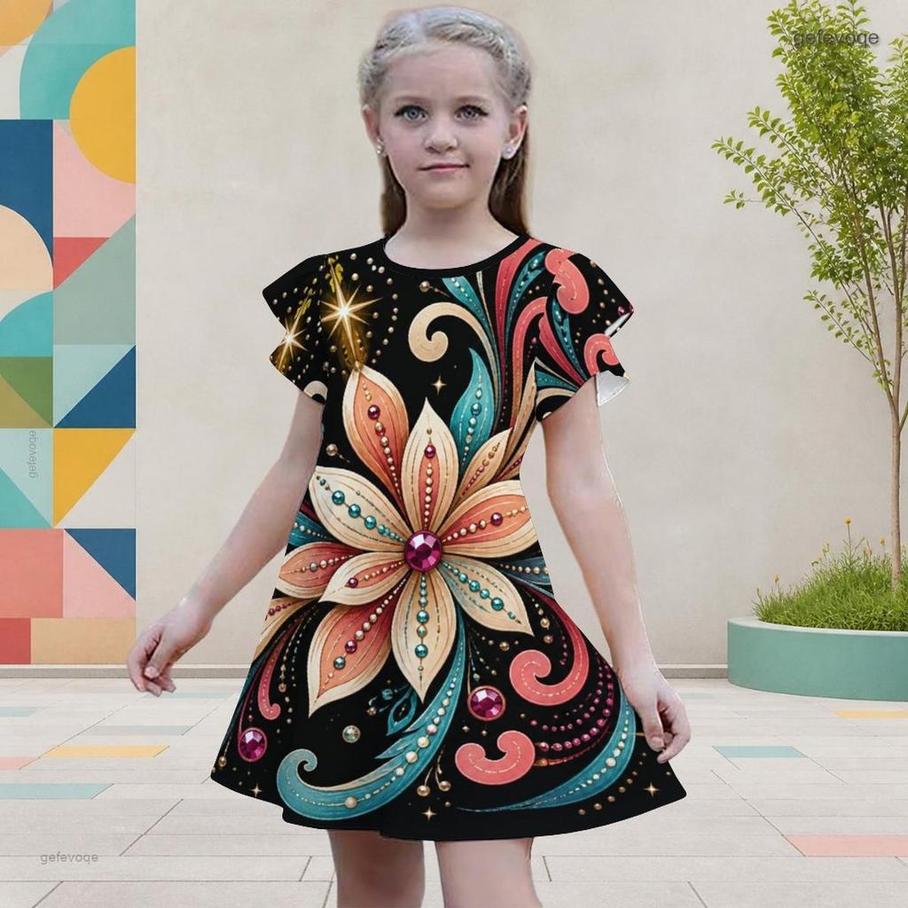 Girls Round Neck Flutter Sleeve Black Tree Floral Printed A Line Flared Dress