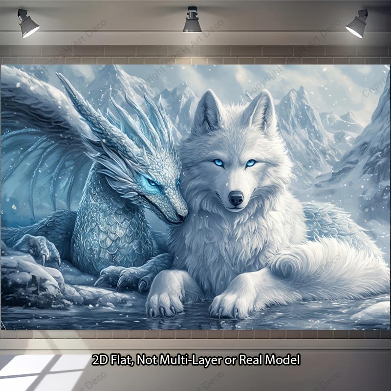 Epic Fantasy Wolf Dragon Tapestry Wall Hanging Blue Mythical Creature Art Snow Landscape Decor Bohemian Style Living Room Wall