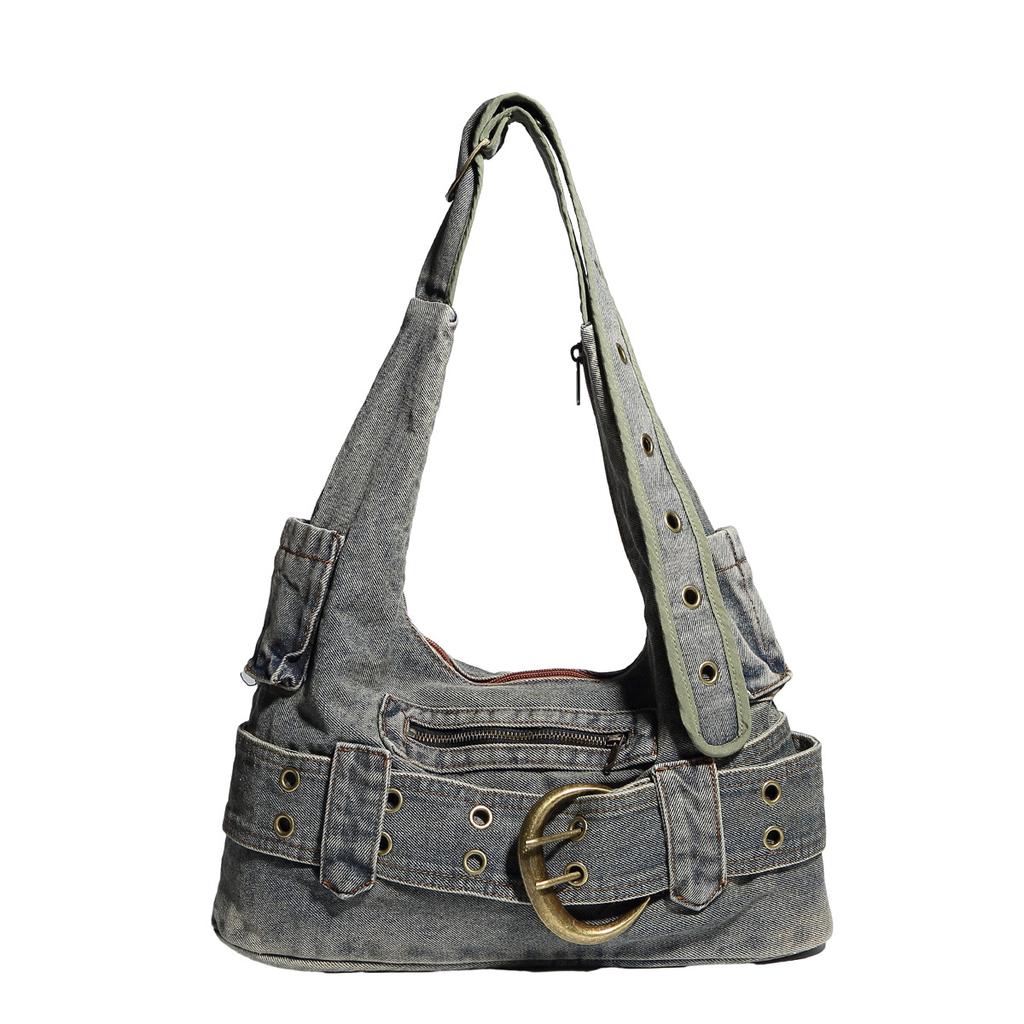 Spring Y2K Washed Denim Bag Premium Spice Girl Style Underarm Bag Casual Versatile Commuter Oblique Span Bag