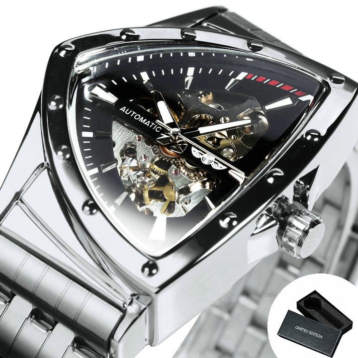 WINNER Military Triangle Skeleton Automatic Watch for Men Gold Sports Mechanical Watches Luxury Stainless Steel Strap Luminous