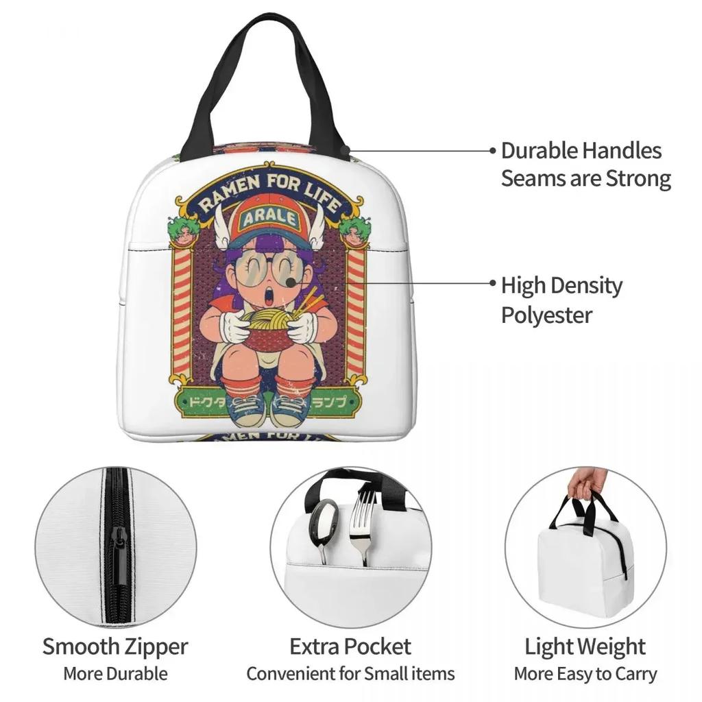 Dr Slump Ramen For Life Arale Insulated Lunch Bag for Women Kids Portable Food Boxes Thermal Lunch Box Tote
