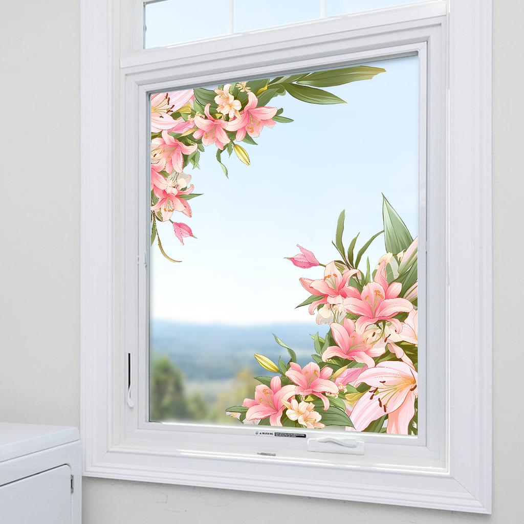 Pink Lily Corner Window Stickers Are Suitable for Bathroom Doors, Living Room and Bedroom.