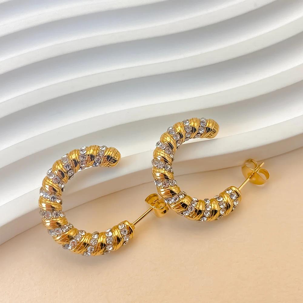 Stainless Steel ACC Gold-Plated Geometric Threaded Hoop Earrings for Women