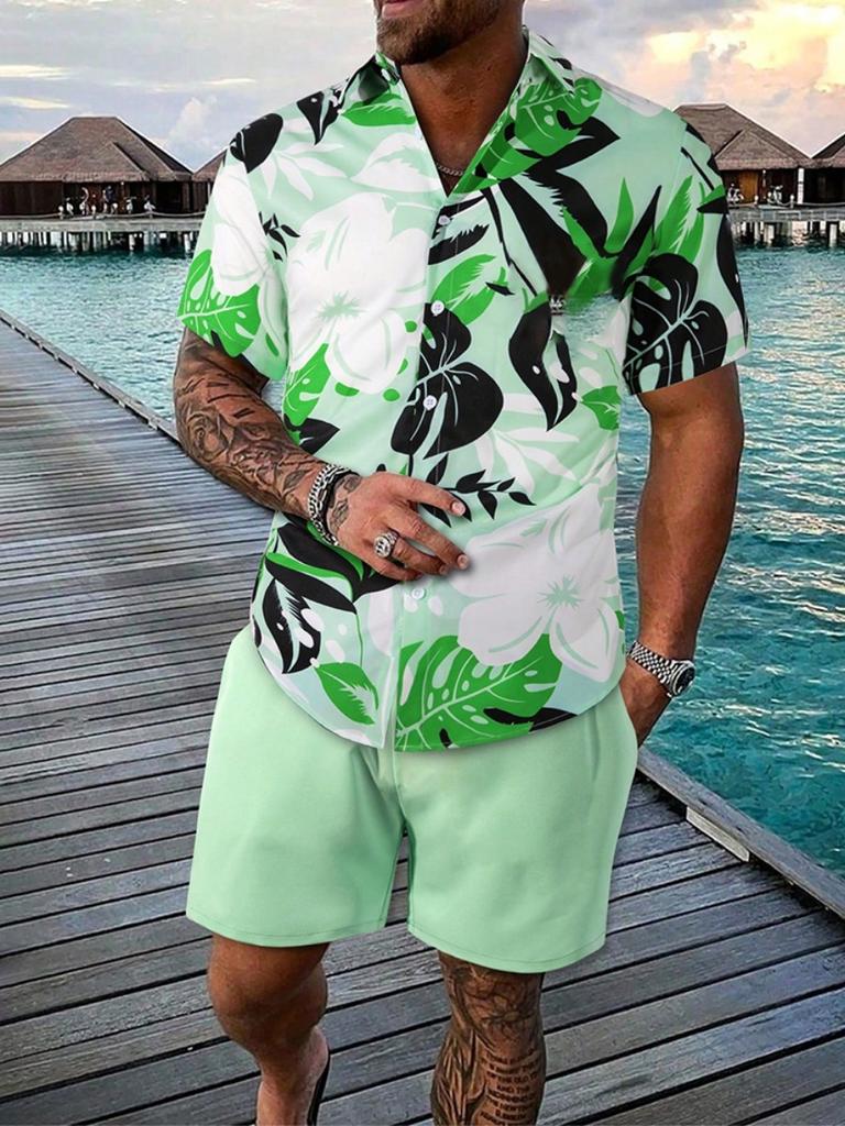 Summer Everyday Men's Sports Shorts Seaside Resort Men's Casual Shirt Men's Hawaiian Short Sleeve Shirt And Beach Shorts Set