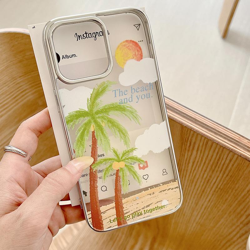 Summer Seaside Coconut Tree Suitable for Apple 16promax Mobile Phone Case 14 Electroplated IPhone 15 Protective Case