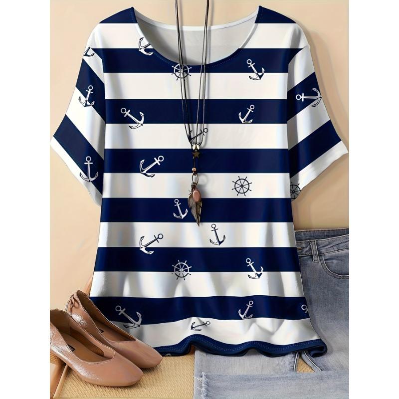 

Summer plus size - Women s round neck short sleeved top, simple blue and white series, blue and white stripes, anchor pattern S