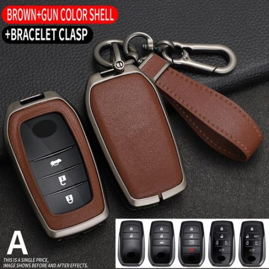 For Toyota Sienna Venza Yaris Corolla Cross Metal Leather Car Key Fob Cover Case