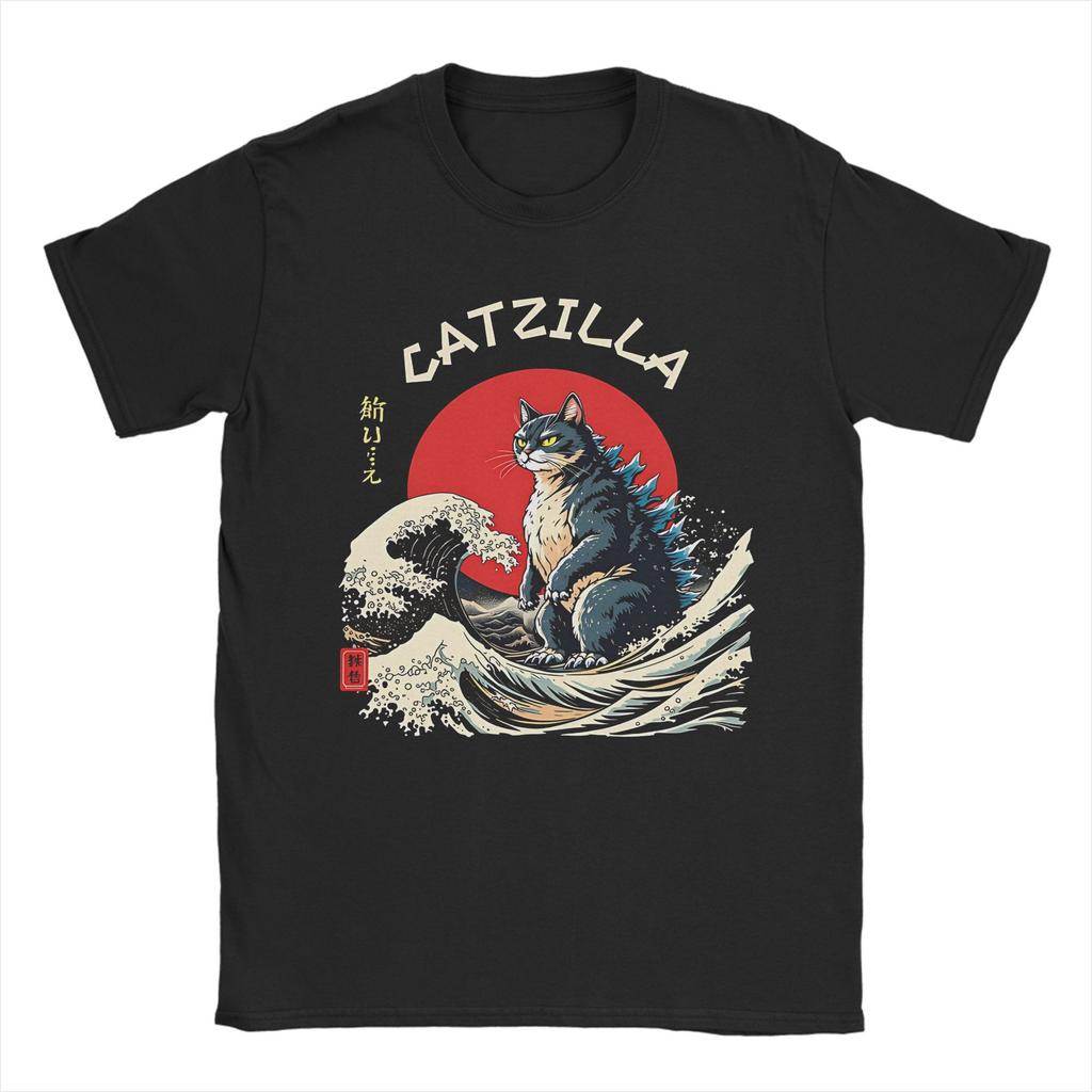 Funny Catzilla Cat Japanese Art T-Shirt for Men Casual Pure Cotton Tee Shirt O Neck Short Sleeve T Shirts Classic Clothes