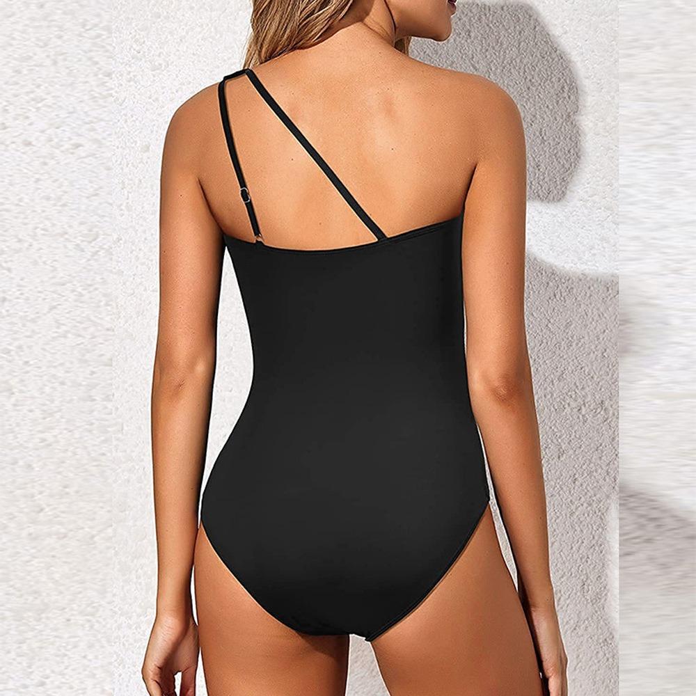 European and American New One-shoulder One-piece Tight Swimsuit for Women's Sexy Solid-color Halter Swimsuit