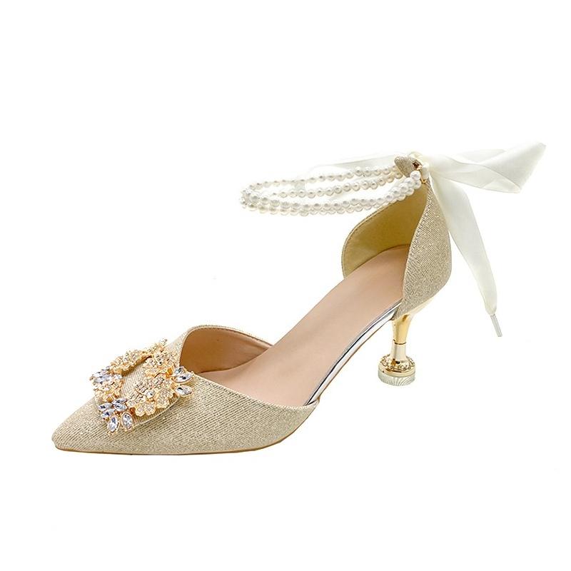 Fashion Pearl Chain Rhinestone Square Buckle High Heels Women's Pointed Toe Shallow Mouth Anti-Slip Wear-Resistant Stiletto Sandals