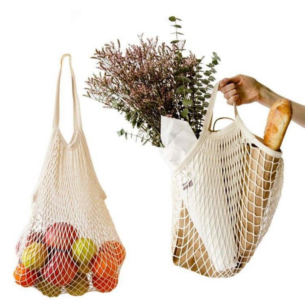 Reusable Mesh Grocery Bags, Long Handle Produce Bags, Fruit & Veggie Storage, Woven Mesh Pocket Hollowed Out Kitchen Storage