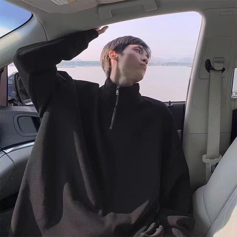 Unisex Stand Collar Half-Zip Solid Color Hoodie - Trendy, Versatile, and Casual Loose Fit Top