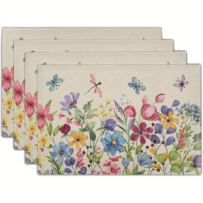 4 st Vårblommig Bordsduk Akvarell Färgstark Blomma Fjäril Vintage Rustik Bordsduk