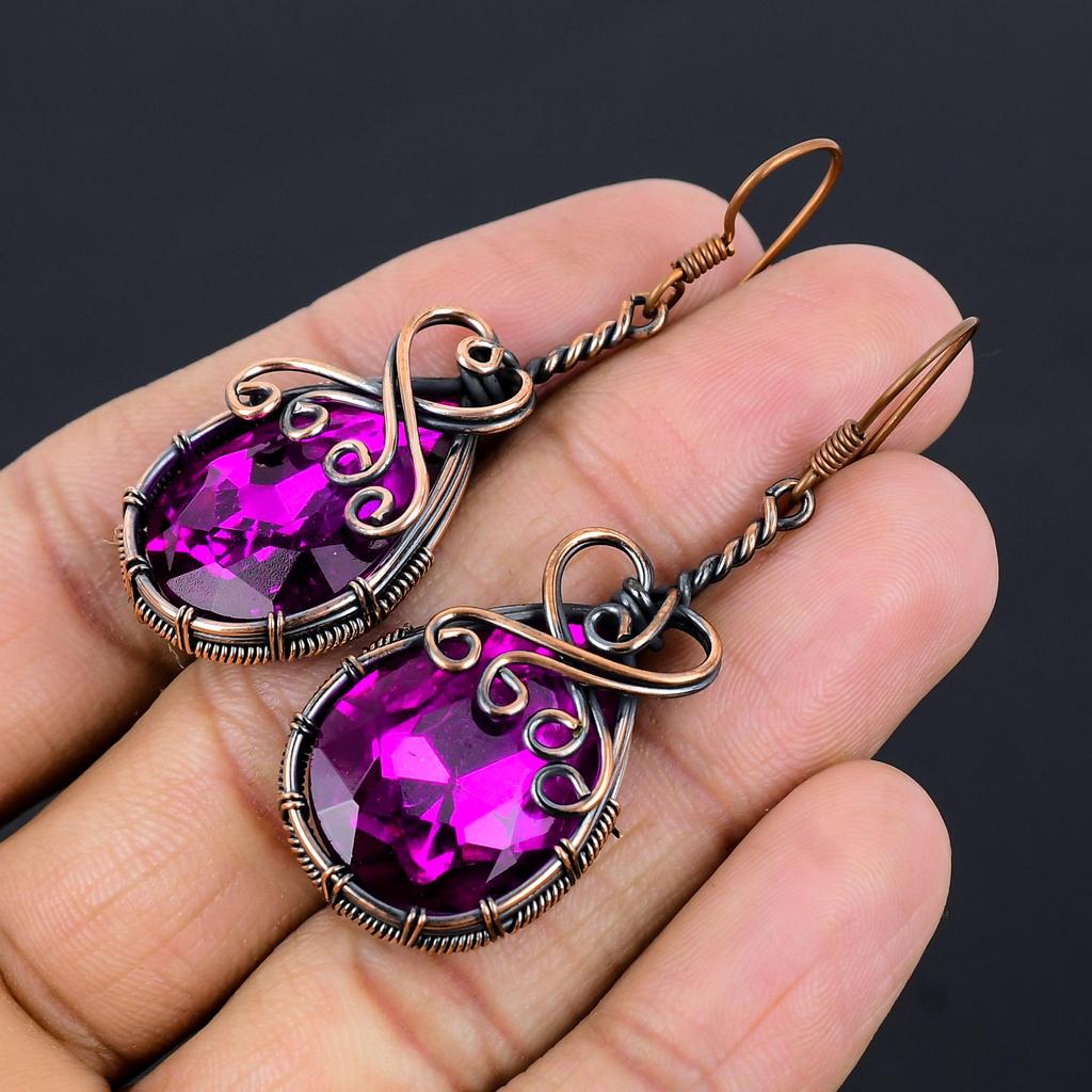 Pink Tourmaline Gemstone Earrings, Handmade 999 Copper Wire Wrapped Jewelry, Meditation Earrings Jewelry For Women