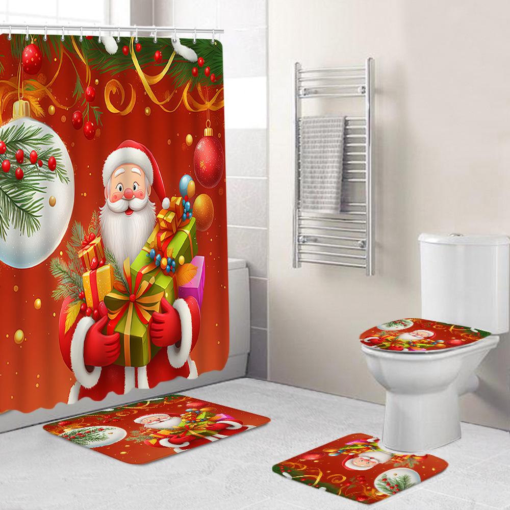 Christmas Toilet Cover Shower Curtain Floor Mat Set Santa Carpet Door Mat Foot Mat Non-Slip Mat