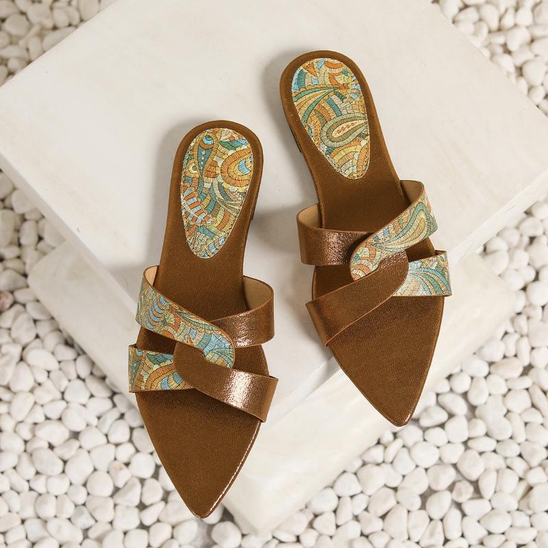 

Fashion Retro Pointed Toe Cross Tie Flat Slippers Women Sexy Open Toe Brand Designer Shoes Summer Comfort Non Slip Large Size Beach Shoe 43 коричневый