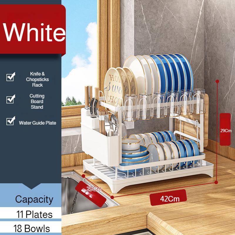 Двухуровневая сушилка для посуды для кухонной столешницы с поддоном для стекания воды сушилка для посуды из нержавеющей стали для тарелок и чашек белый 10400₽