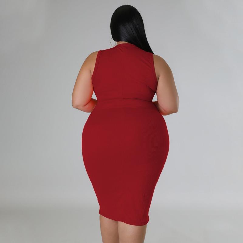 Plus Size Orange Ribbed Sleeveless Round Neck Bodycon Midi Dress