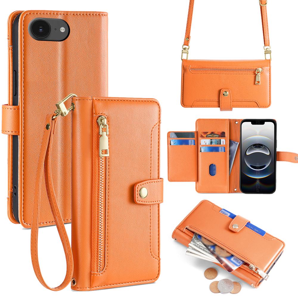 For iPhone 16e Case Zipper Pocket Wallet Leather Phone Cover with 2 Straps