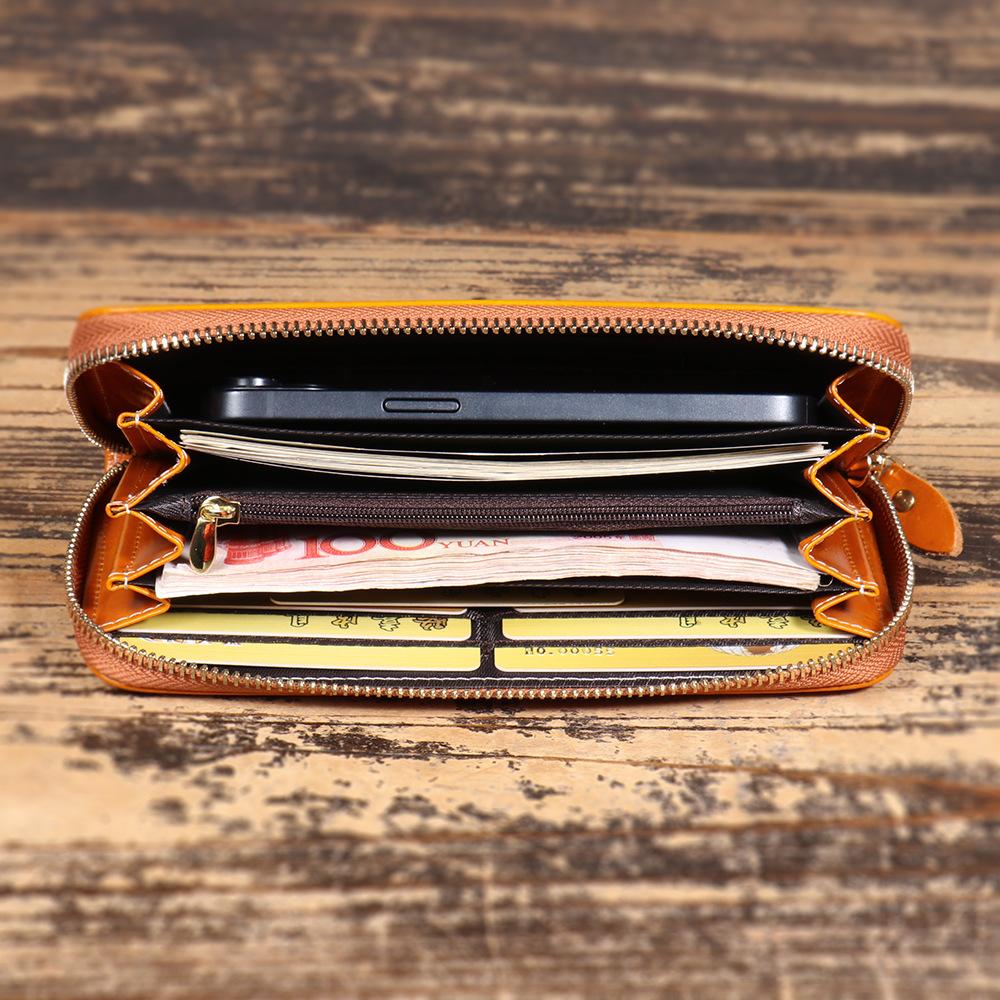 Women'S Leather Long Zipper Clutch Bag Oil Wax Leather Wallet Cowhide Change Bag Key Card Bag