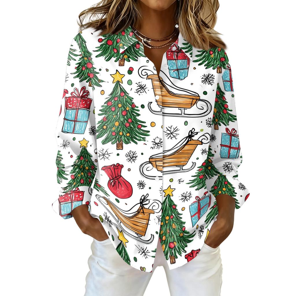 Women's Casual Christmas Print Long Sleeve Cardigan Top for Holiday Festive Wear
