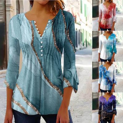 Button-Down-Hemden für Damen, bedruckte Tunika, Sommer-Oberteile, elegante, lässige Glocke, 3/4-Ärmel, V-Ausschnitt, Frühlingsblusen