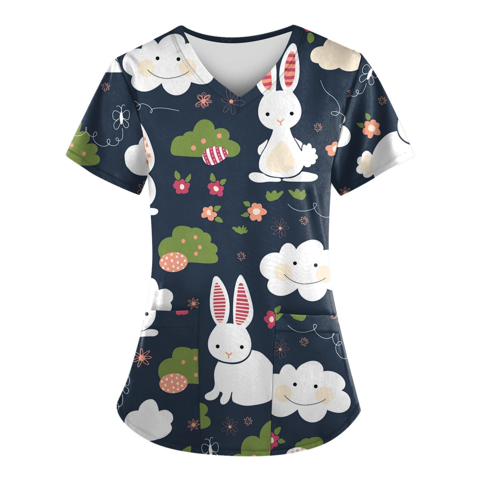 

(SU)Женщины Мода Пасхальный принт V-образный вырез Короткий рукав Рабочая одежда с карманами Топы