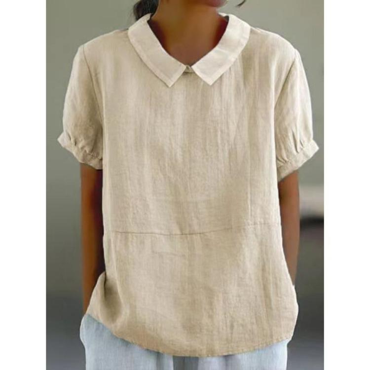 

Casual Loose Cotton Linen Blouse Short Sleeve Solid Color Peter Pan Collar Breathable Ladies Shirt Tops Summer Women 3XL бежевий