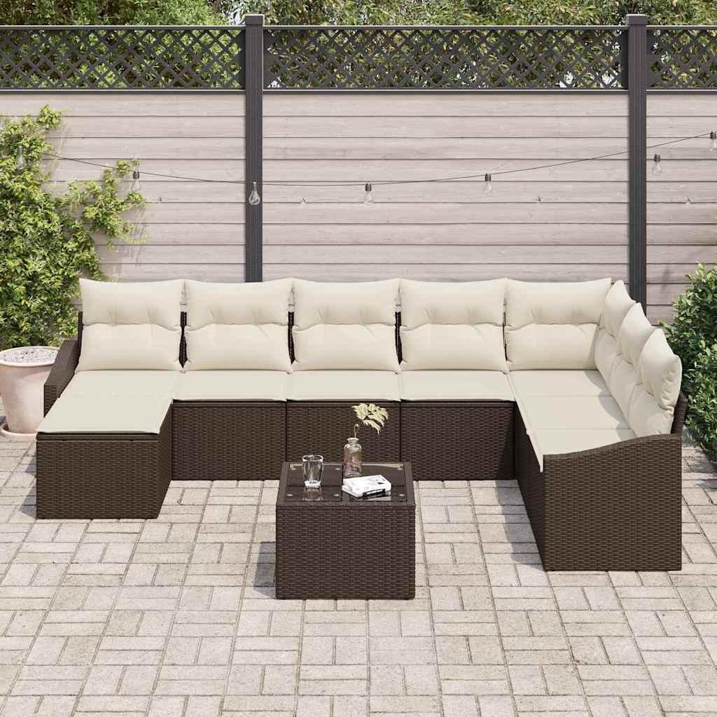 9 Piece Brown Poly Rattan Sofa Set with Cushions
