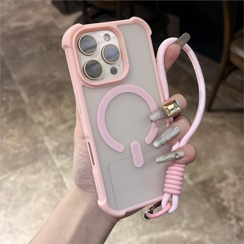 Matte Shockproof Armor For Magsafe Wireless Charge Case for iPhone 16 16E 15 14 Plus 13 12 11 Pro Max Clear Wrist Strap Cover