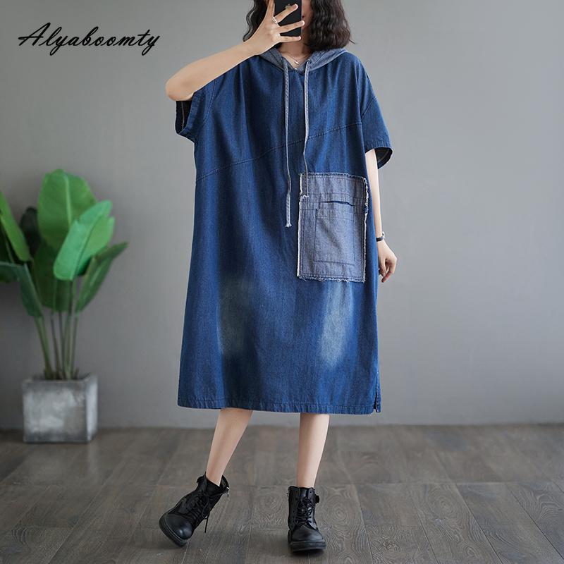 Rochie de denim supradimensionată pentru femei, în stil coreean, de vară, cu glugă, albastră, de dimensiuni mari, ocazională, midi, largi, rochie vintage largi cu mâneci scurte, cu buzunar