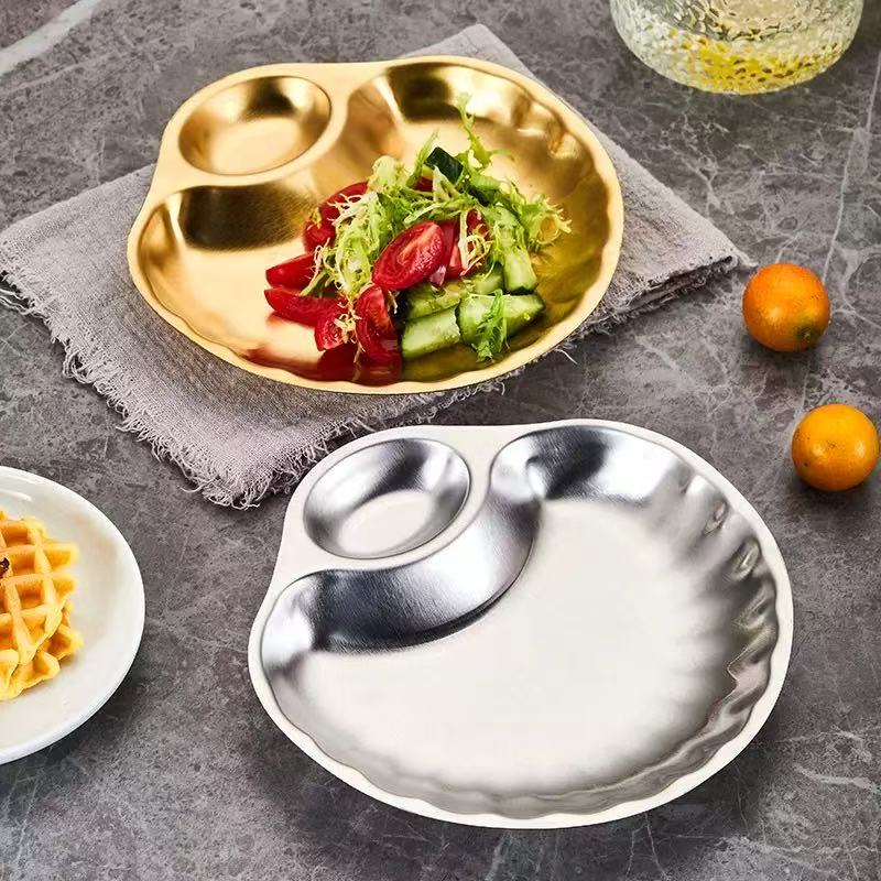 Scallop-Shaped Stainless Steel Plate with Compartment - Seafood Serving Dish Shell Design Chef & Restaurant Kitchenware Tray