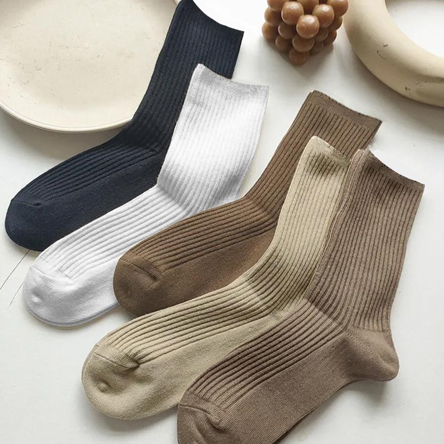 Socks Set Solid Color Stripes Women's Casual Socks Autumn Simple Women's Medium Length Socks Pattern Style