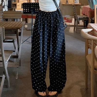 Damen Schwarz Gepunktete Weite Hosen Hohe Taille Locker Lässig Hosen