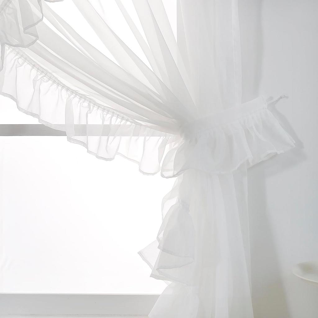 Shabby Chic Double Layer Sheer Ruffled Priscilla Rod Pocket Window Curtain Panel with Tiebacks White 100" W X 84" L