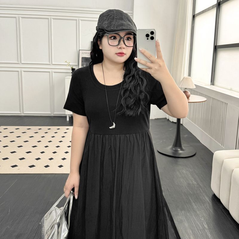 

Limited Edition Plus Size Women s Clothing [Korean Style Bud Skirt] Plus Size Ladies Summer Short Sleeve High Waist Loose and Slimming Patchwork Dress