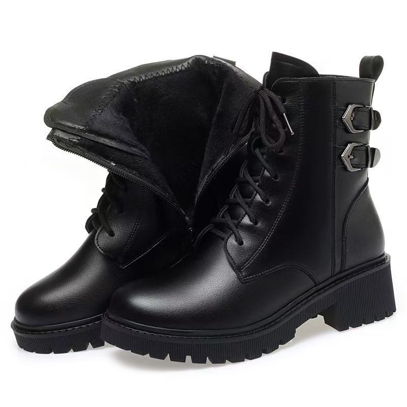 Women Winter Block Heel Real Leather Ankle Cotton Boots Thick Sole Non Slip Round Toe Waterproof Plush Warm Zippers Snow Boots