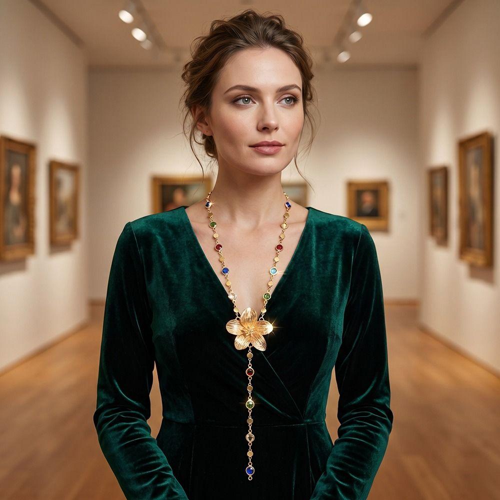 2 PCS Elegant Clavicle Chain Simple Colorful Rhinestones Necklace Flower-shaped Necklace  Gatherings