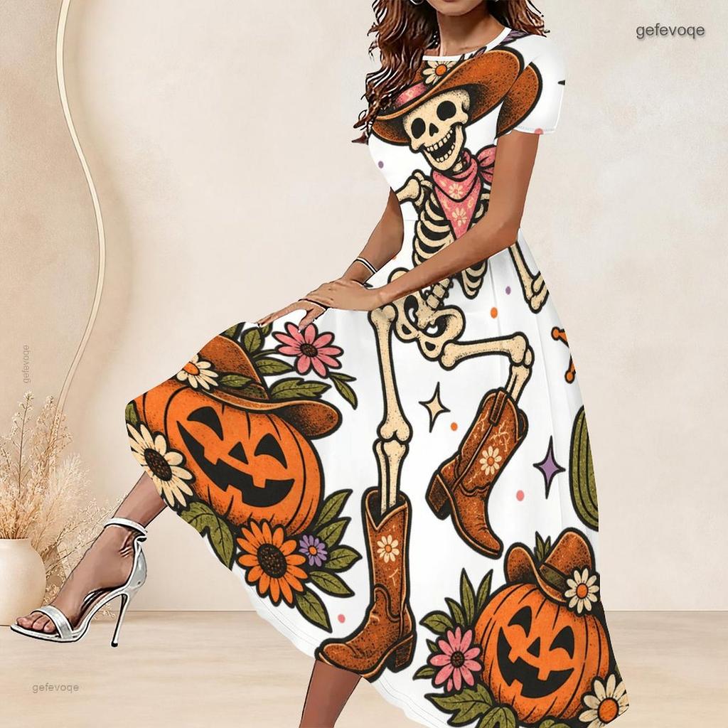 Women Plus Size Round Neck Short Sleeve Printed A Line Long Dress Halloween Raccoon Pumpkin Pattern