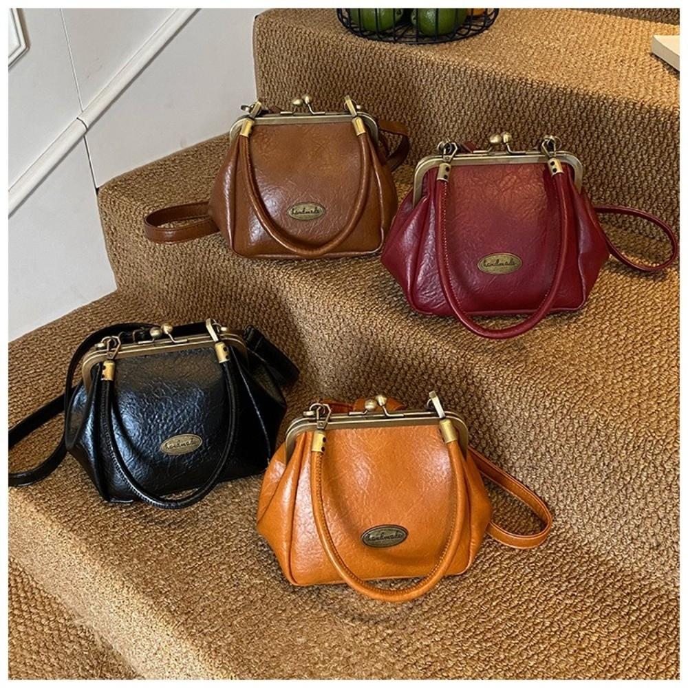 Vintage Kiss Lock Crossbody Bag PU Leather Solid Color Small Handbag Large Capacity Shoulder Bag