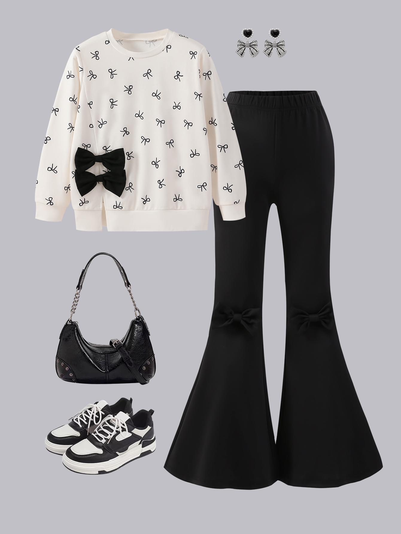 2-Piece Set for Tween Girls: Sweet & Chic Outfit Featuring a Bow-Detail T-Shirt and Slightly Flared Trousers – Autumn Attire 8Y разноцветный