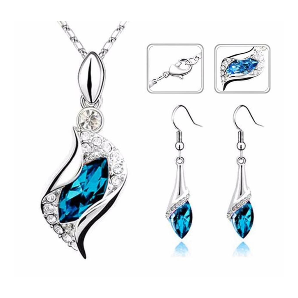 Boucles d'oreilles longues en forme de larme bleue, collier pendentif en cristal d'autriche à la mode