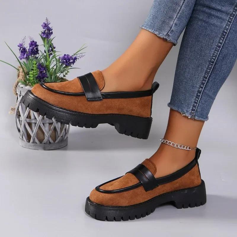 Mode Heißer Verkauf Damenschuhe 2024 Britischer Stil Damen Loafers Herbst Runde Zehenpartie Leopardenmuster Gemischte Farben Plateau Klobige Absätze Schuhe