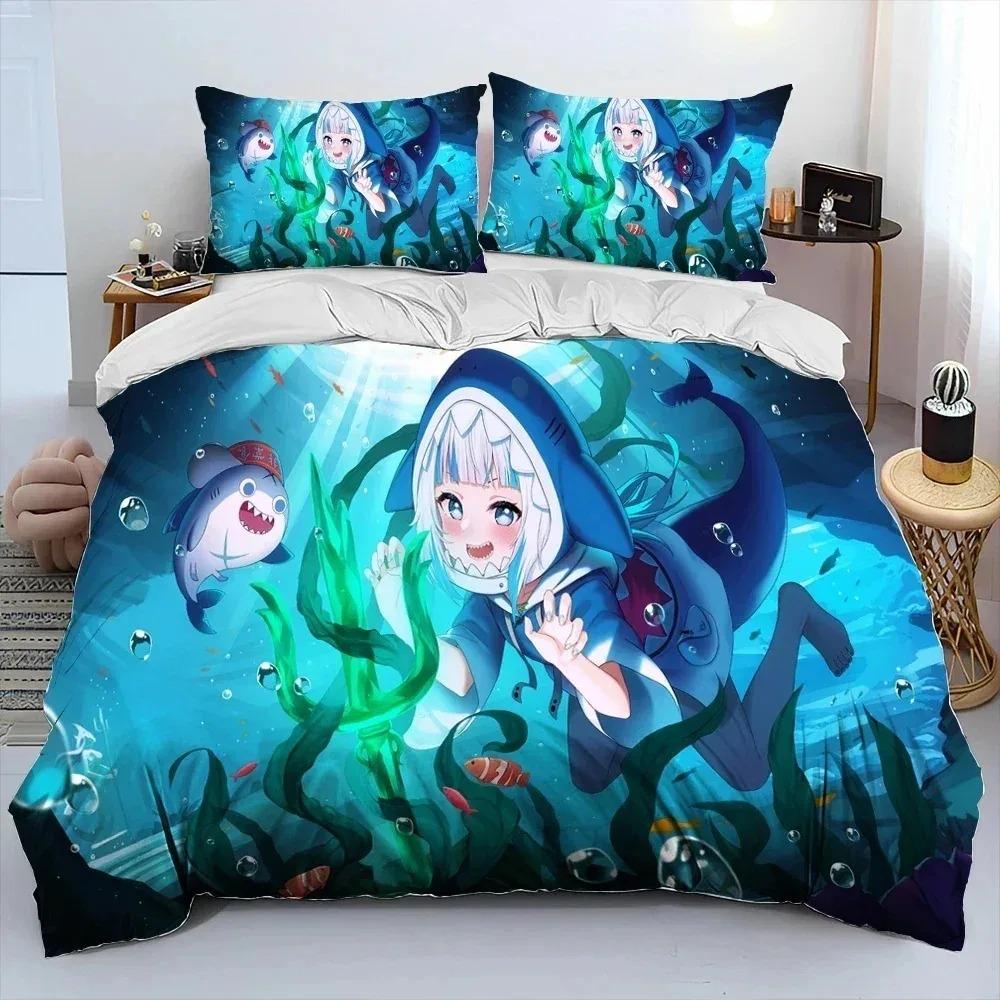 Cute Gawr Gura Hololive Anime Shark Comforter Bedding CollectionDuvet Cover Bed Collection Quilt Cover PillowcaseKing Queen Size Bedding Collection